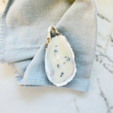 Oyster candle on a blue napkin with a marble background